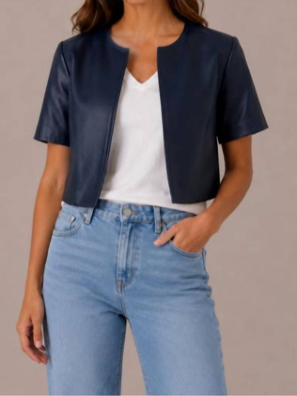 Cropped Navy Short-Sleeve Leather Jacket